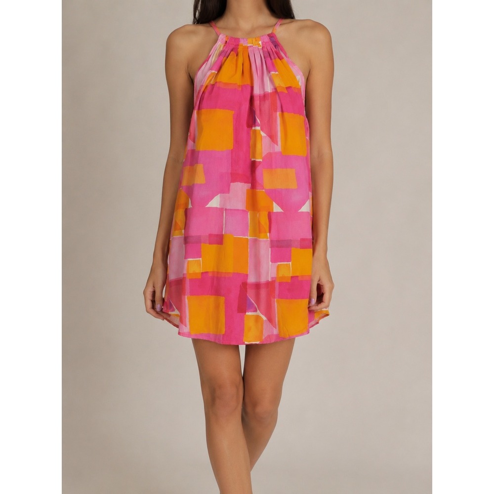 French Paris Pink Orange Geometric Abstract Linen Blend‎ Halter Midi Dress L